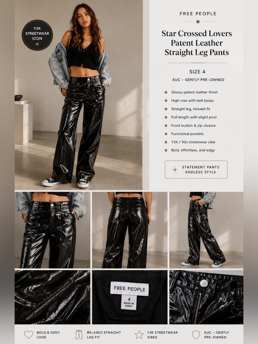 Free People Star Crossed Lovers Patent Leather Straight Leg Pants - Size 4